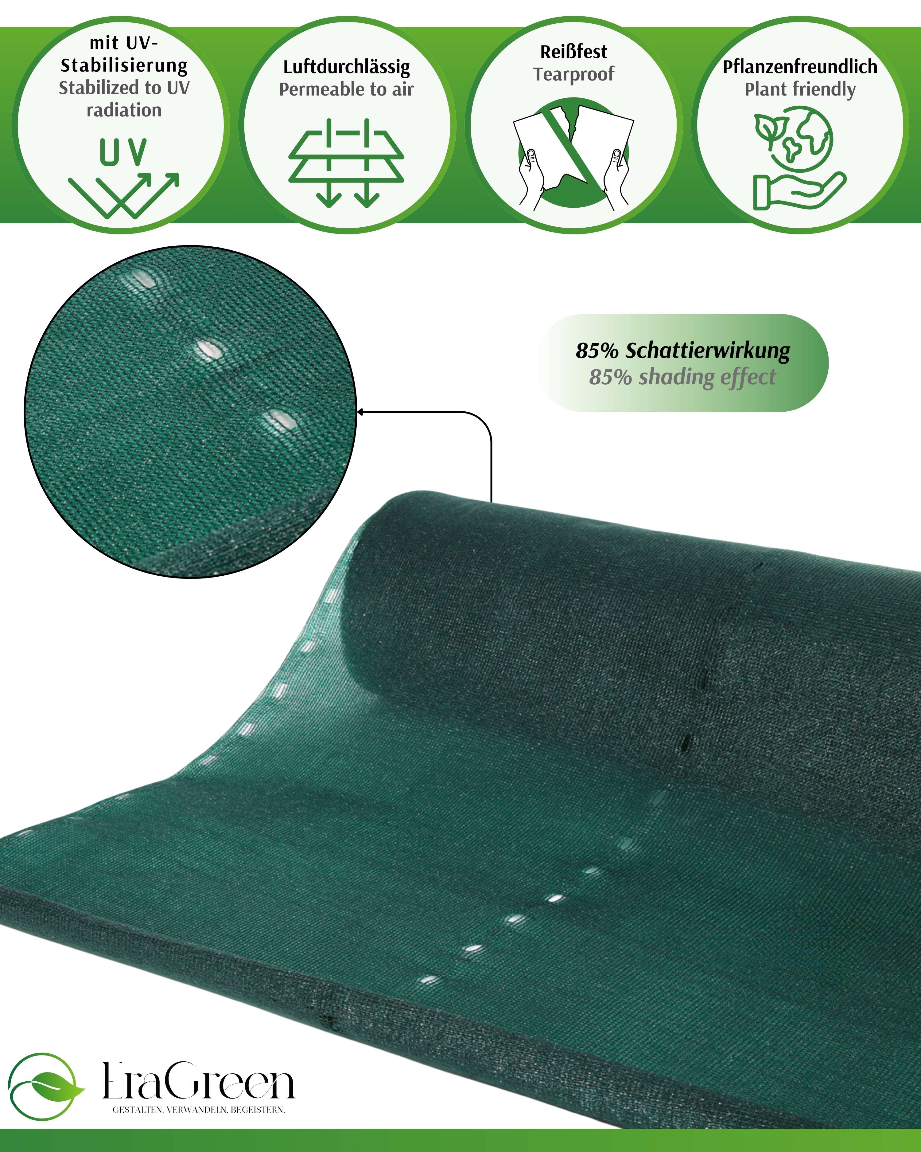 Schattiernetz dunkelgrün – Sonnenschutz mit 40%, 60% oder 85% Schattierwirkung