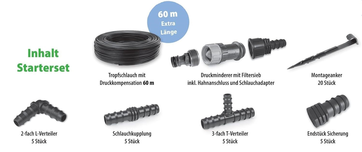 Bewässeungsset Aquadrip Tropfschlauch mit Druckkompensation 60m