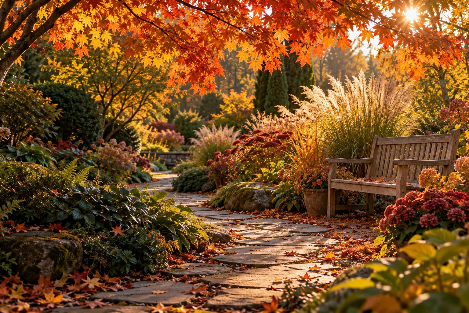 Herbstgarten im goldenen Sonnenlicht mit Blumen, Gräsern und Gartenbank