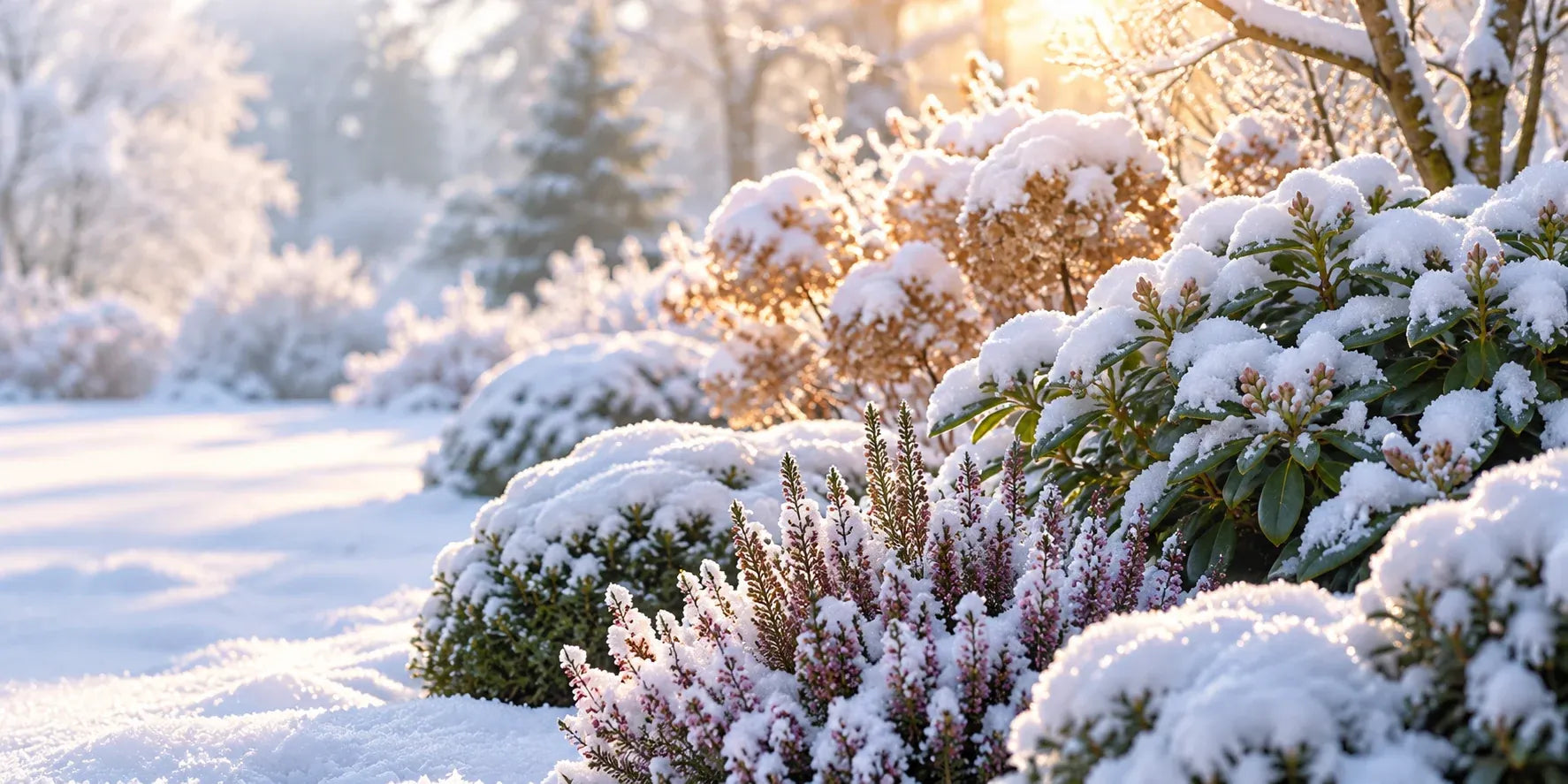 Verschneite Pflanzen im sonnigen Wintergarten
